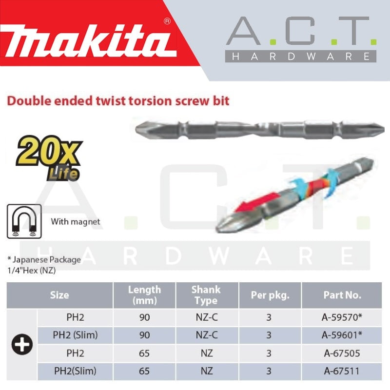 MAKITA 3PC MAGNETIC DOUBLE ENDED TWIST TORSION SCREW BIT, PH2 (SLIM), E-FORM, 65MM, A-67511 MAKITA 3PC MAGNETIC DOUBLE ENDED TWIST TORSION SCREW BIT, PH2 (SLIM), E-FORM, 65MM, A-67511