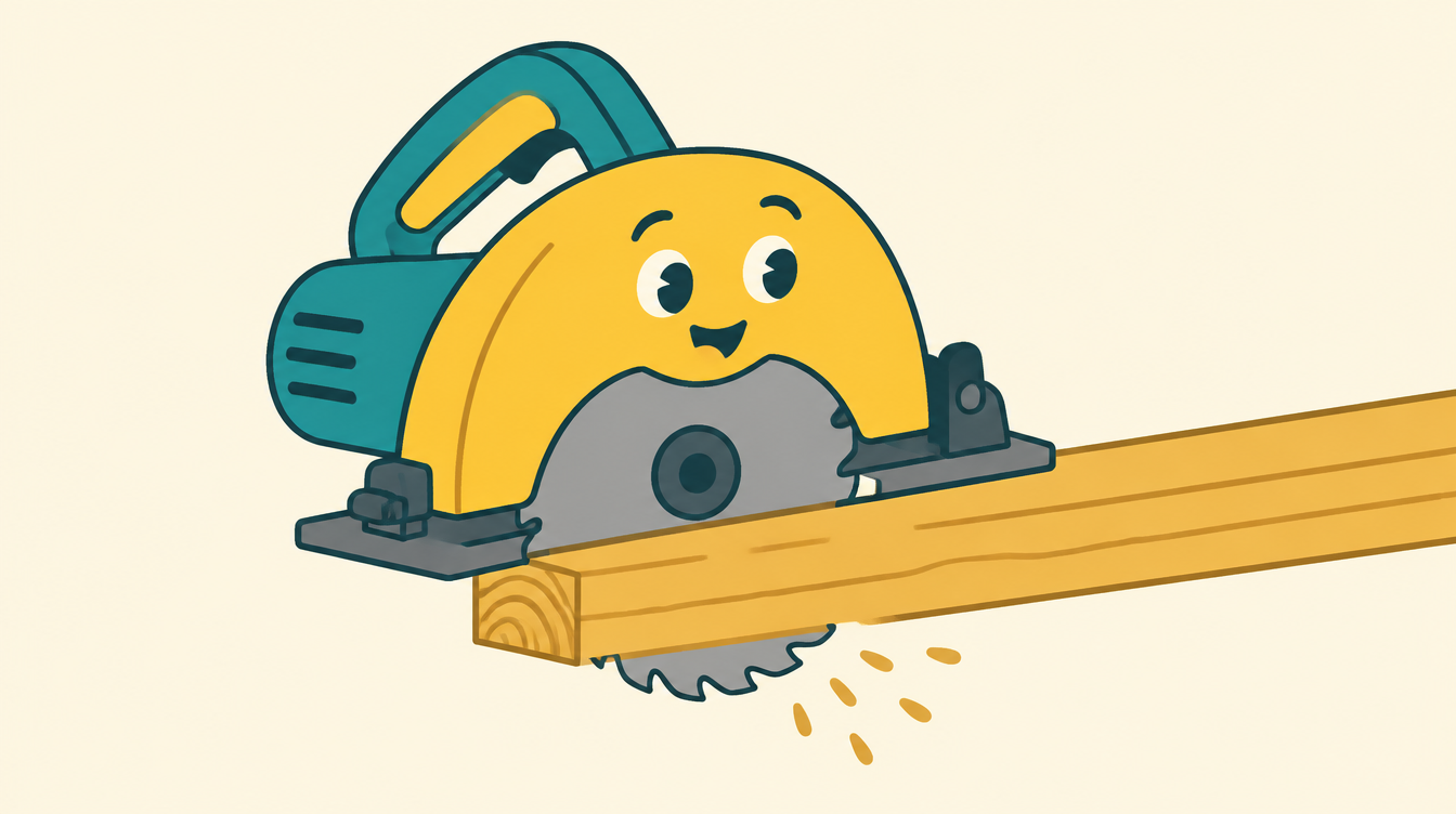 Cartoon illustration of a circular saw cutting a plank of wood