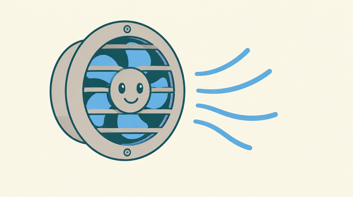 Cartoon illustration of a wall extractor fan moving air out of a room