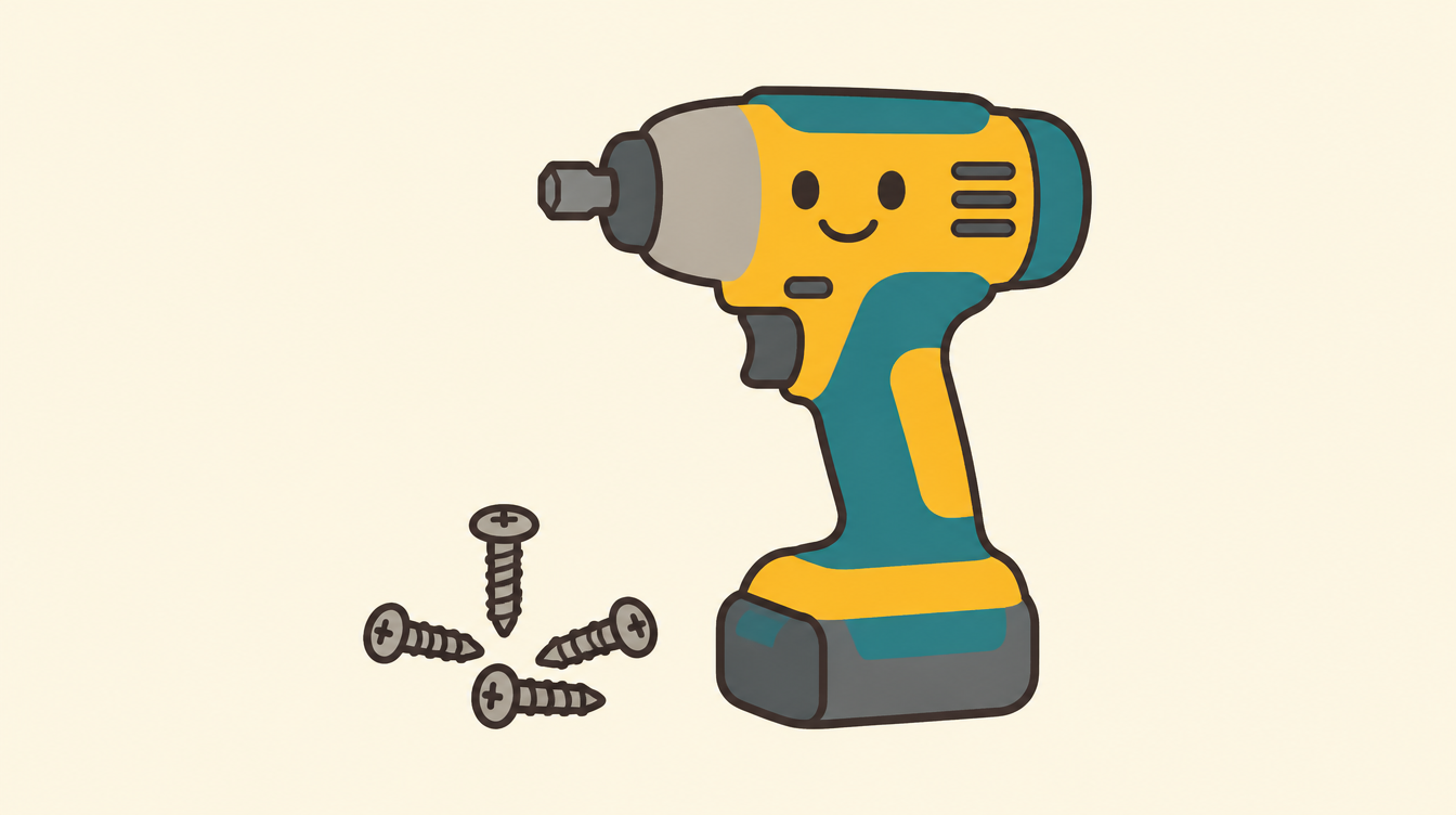 Cartoon illustration of a cordless impact driver with screws