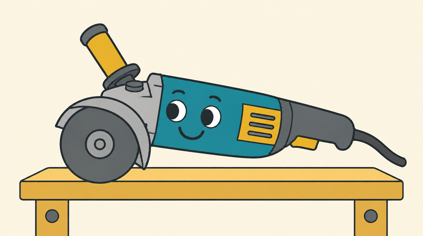 Cartoon illustration of an angle grinder with a cutting disc