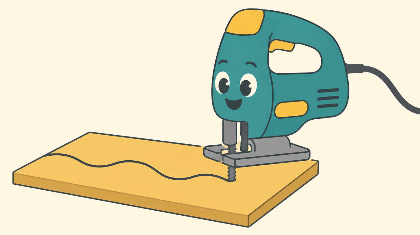 Cartoon illustration of a jigsaw cutting a curved line in a board