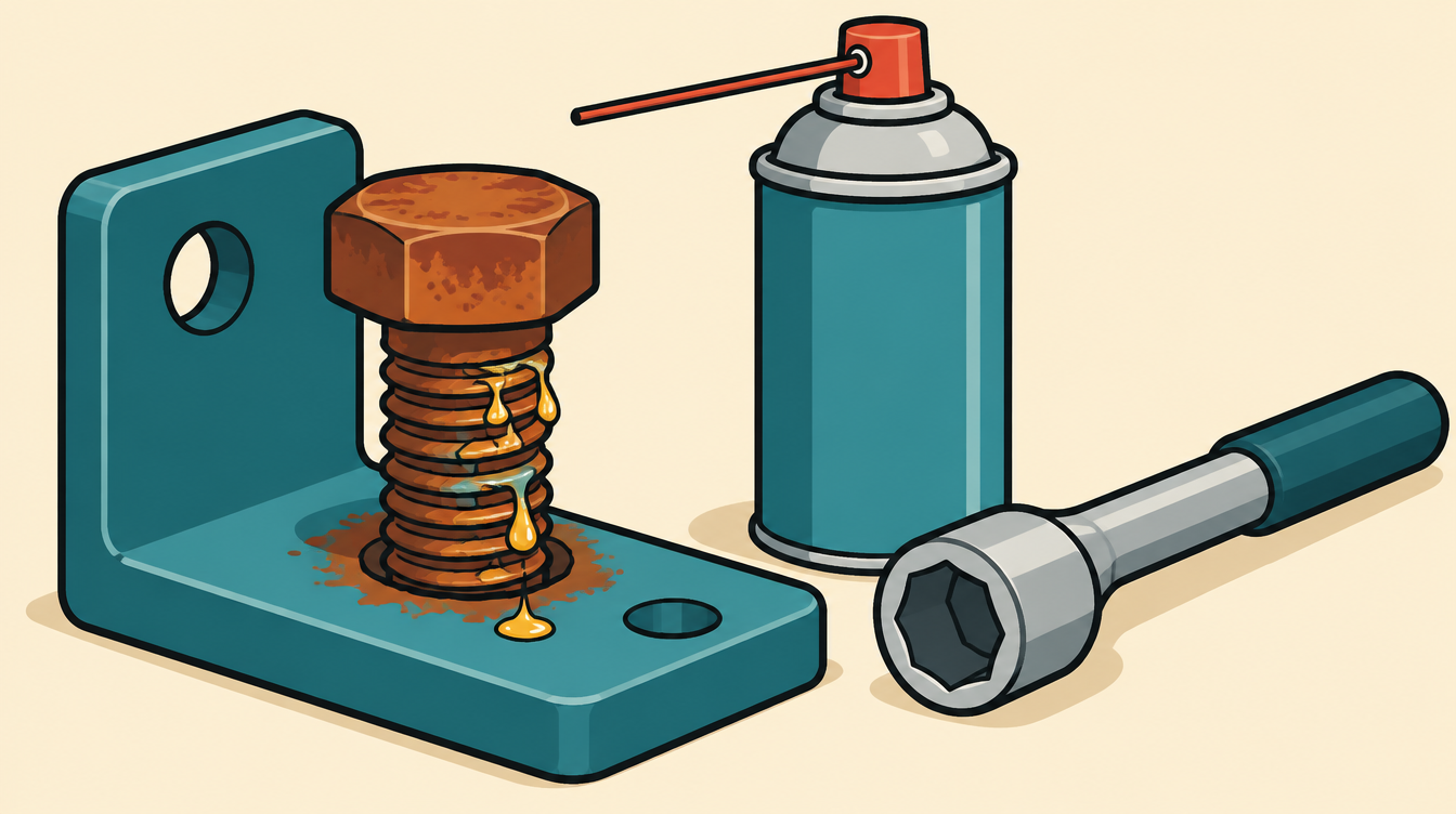 Illustration of a rusted seized bolt in a bracket with penetrating spray and a socket wrench