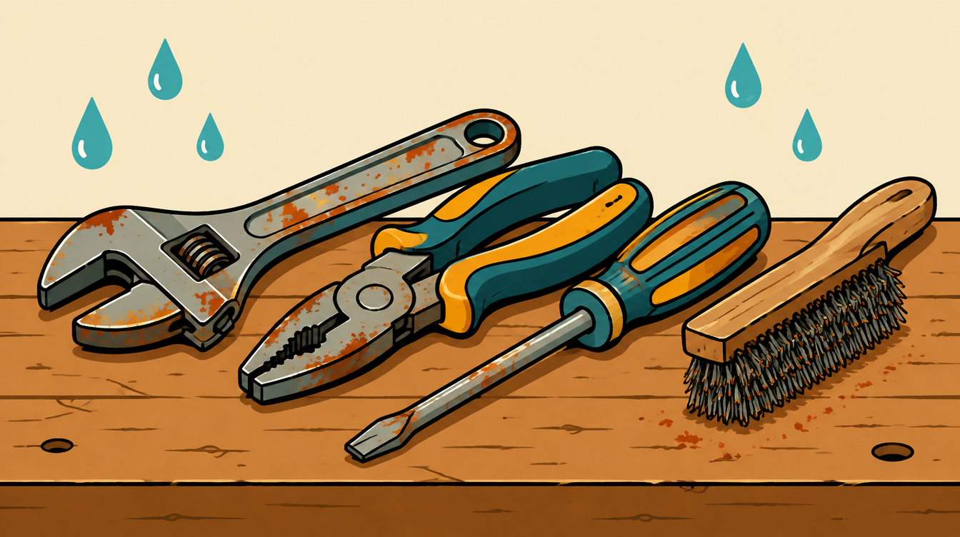 Illustration of rusted hand tools on a workbench with a wire brush, showing tool rust in Singapore humidity