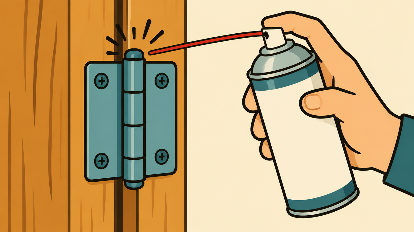Illustration of a squeaky door hinge being lubricated with a spray can and straw nozzle