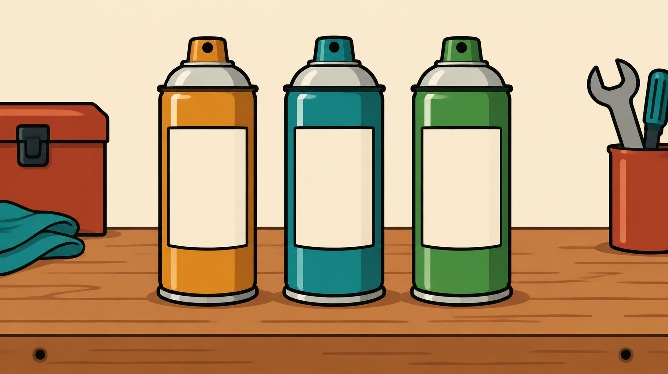 Illustration of three spray cans on a workbench representing penetrant, cleaner and lubricant