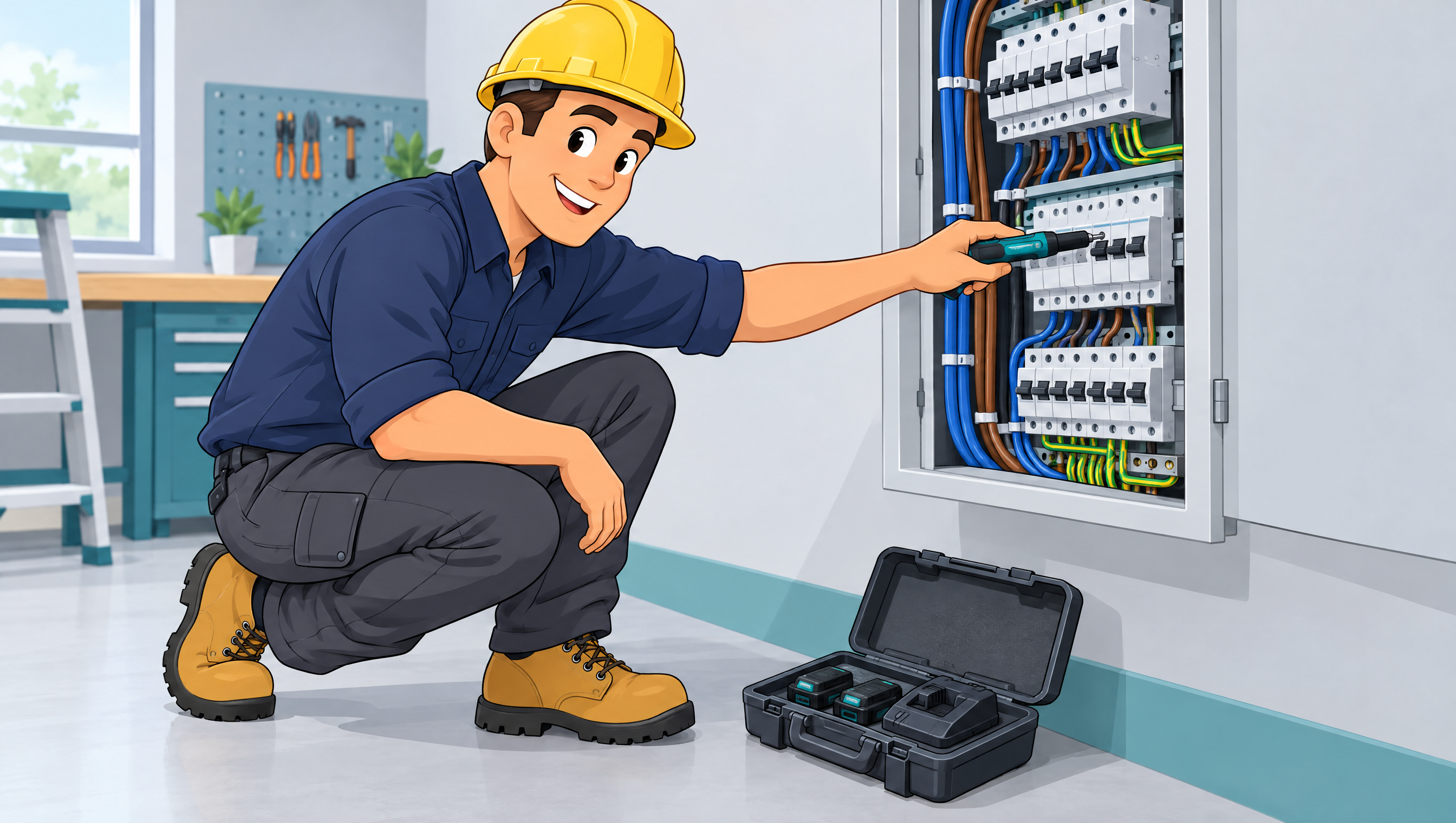 Cartoon electrician using a slim pen-style cordless impact driver inside a tight electrical distribution board