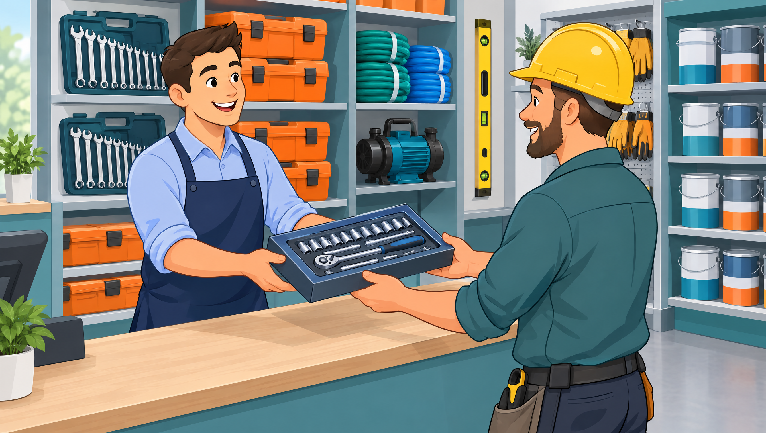Cartoon hardware shop counter, shopkeeper handing a boxed socket set to a tradesman, shelves of affordable tools behind