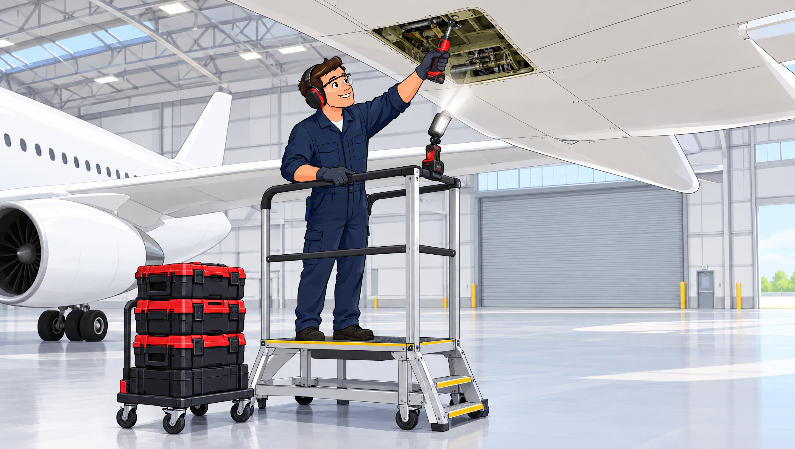 Cartoon aircraft technician reaching into an open wing inspection panel with a compact cordless right-angle ratchet, modular tool boxes stacked beside the work platform