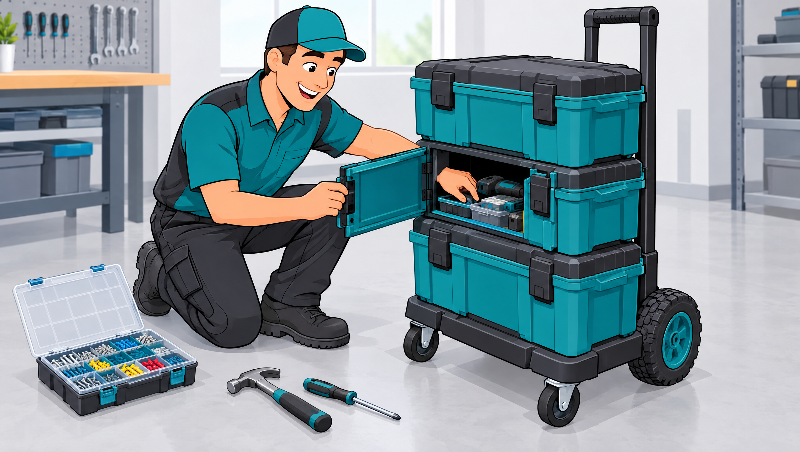 Cartoon tradesman opening the middle box of a stack of modular tool boxes on a rolling base without unstacking it