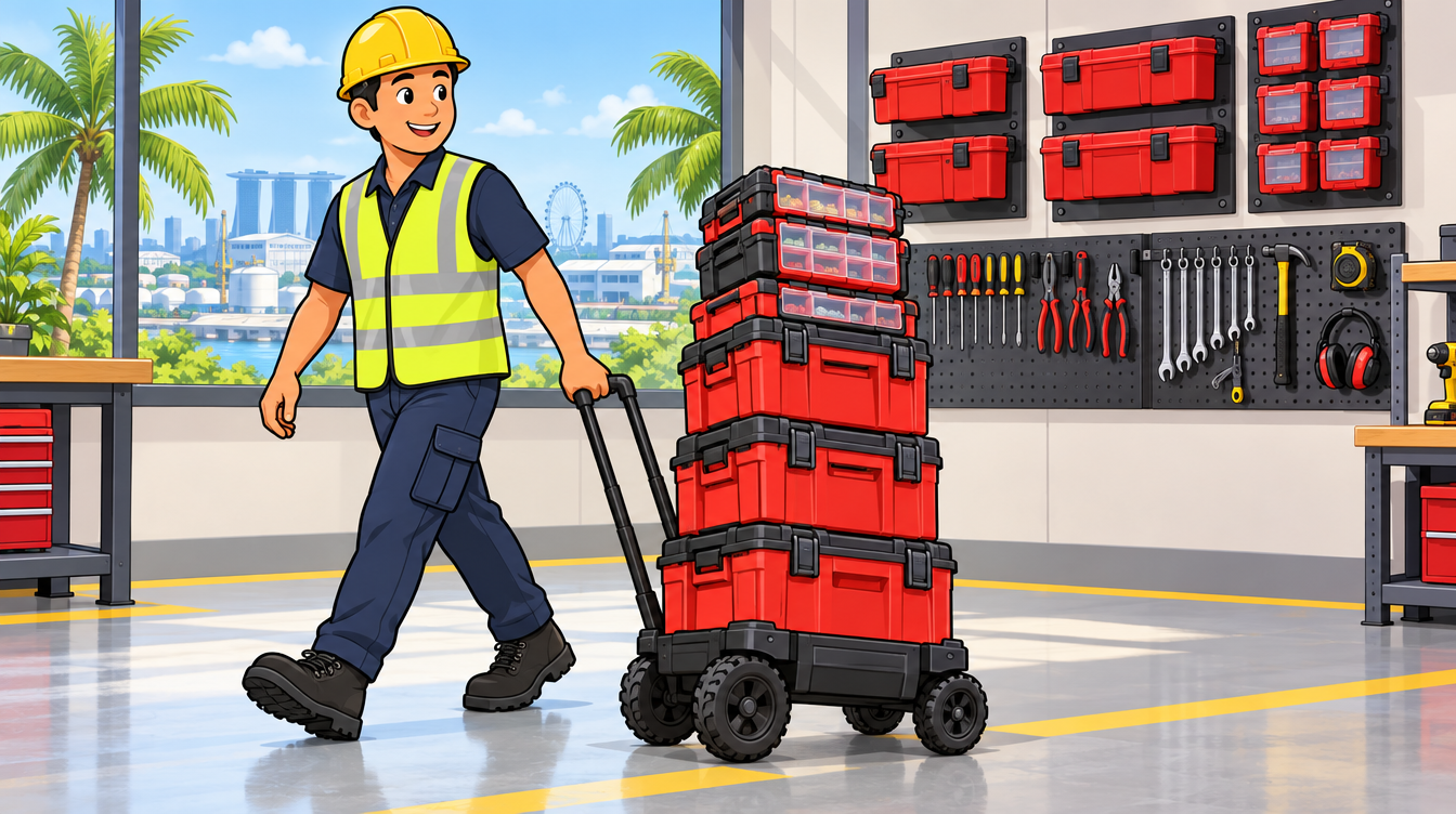 Cartoon illustration of a tradesman pulling a stack of modular red and black tool boxes through a Singapore workshop