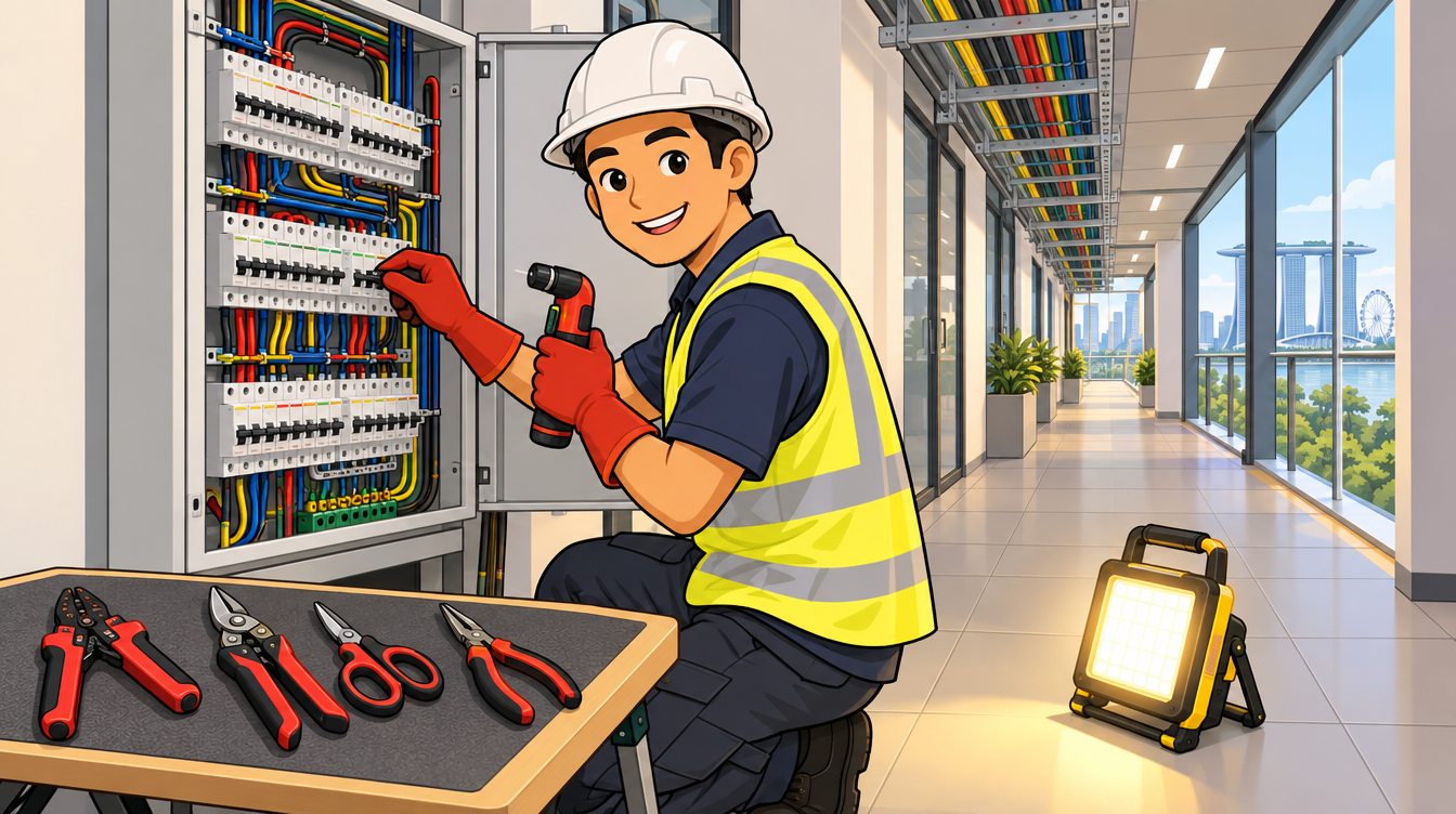 Cartoon illustration of an electrician working at a distribution board with hand tools and a portable area light in a Singapore building