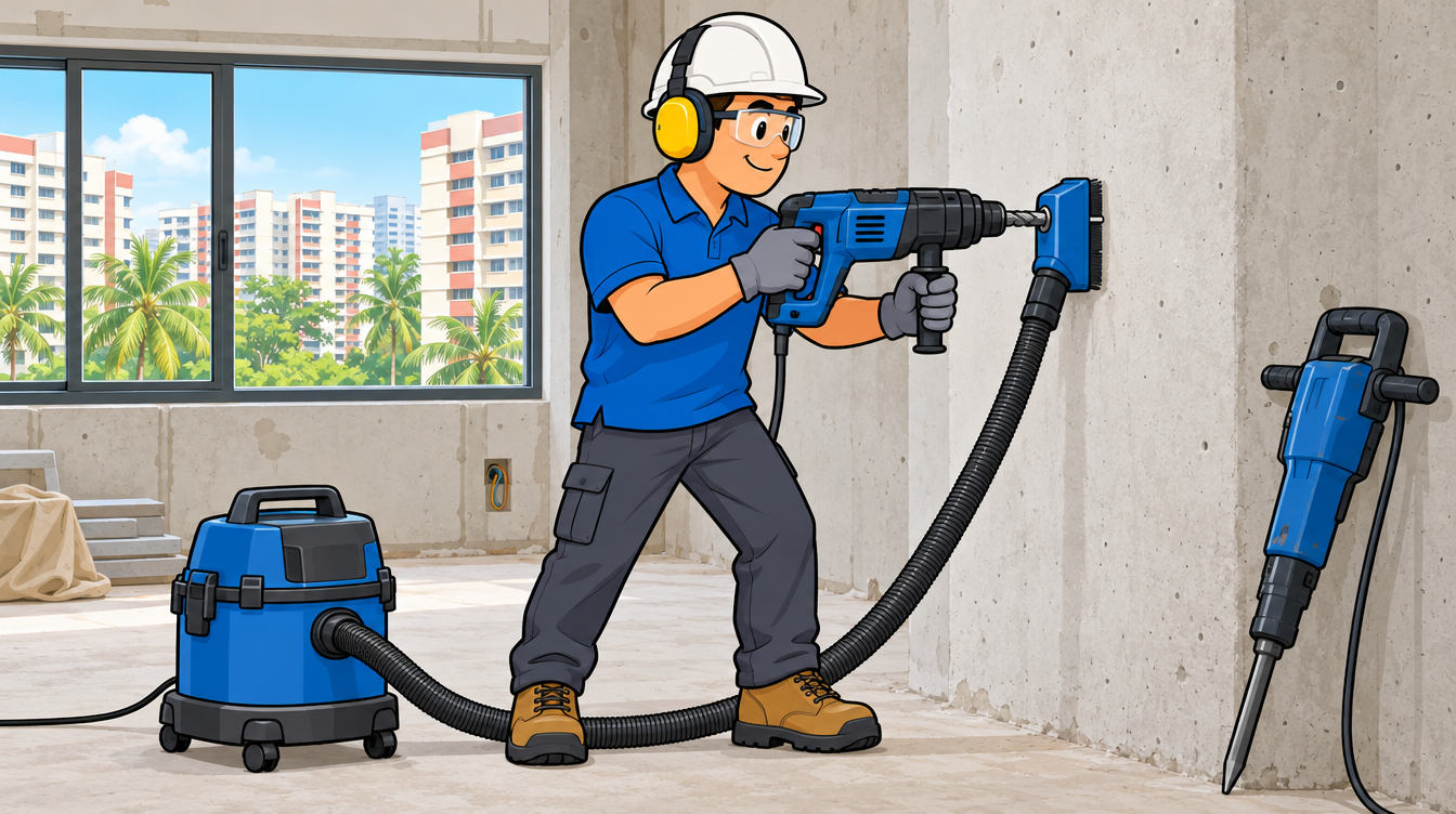 Cartoon illustration of a tradesman drilling a concrete wall with a rotary hammer and dust extraction in a Singapore apartment under renovation