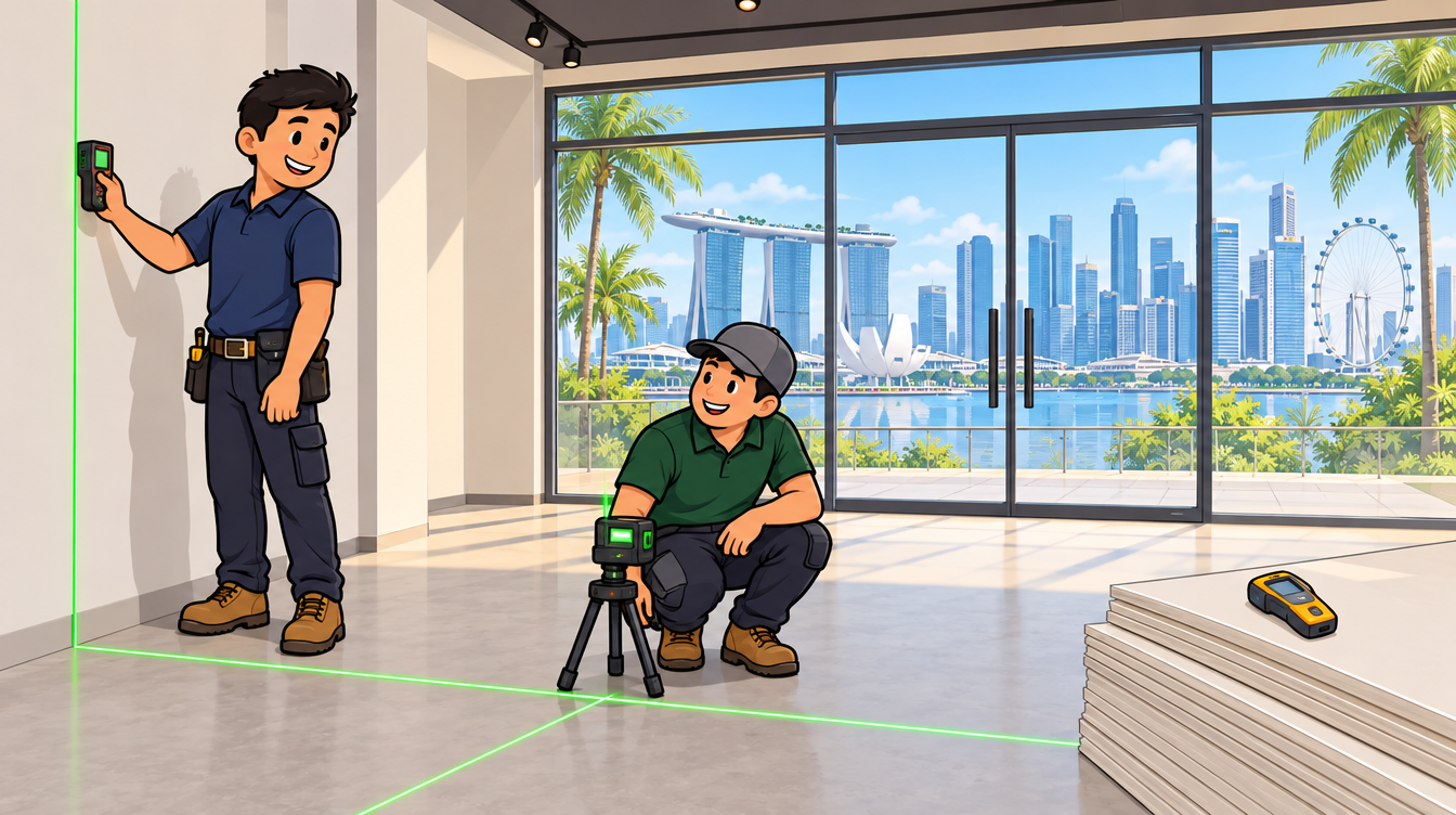 Cartoon illustration of two tradespeople setting out a Singapore shop fit-out with a green cross-line laser and a laser distance meter