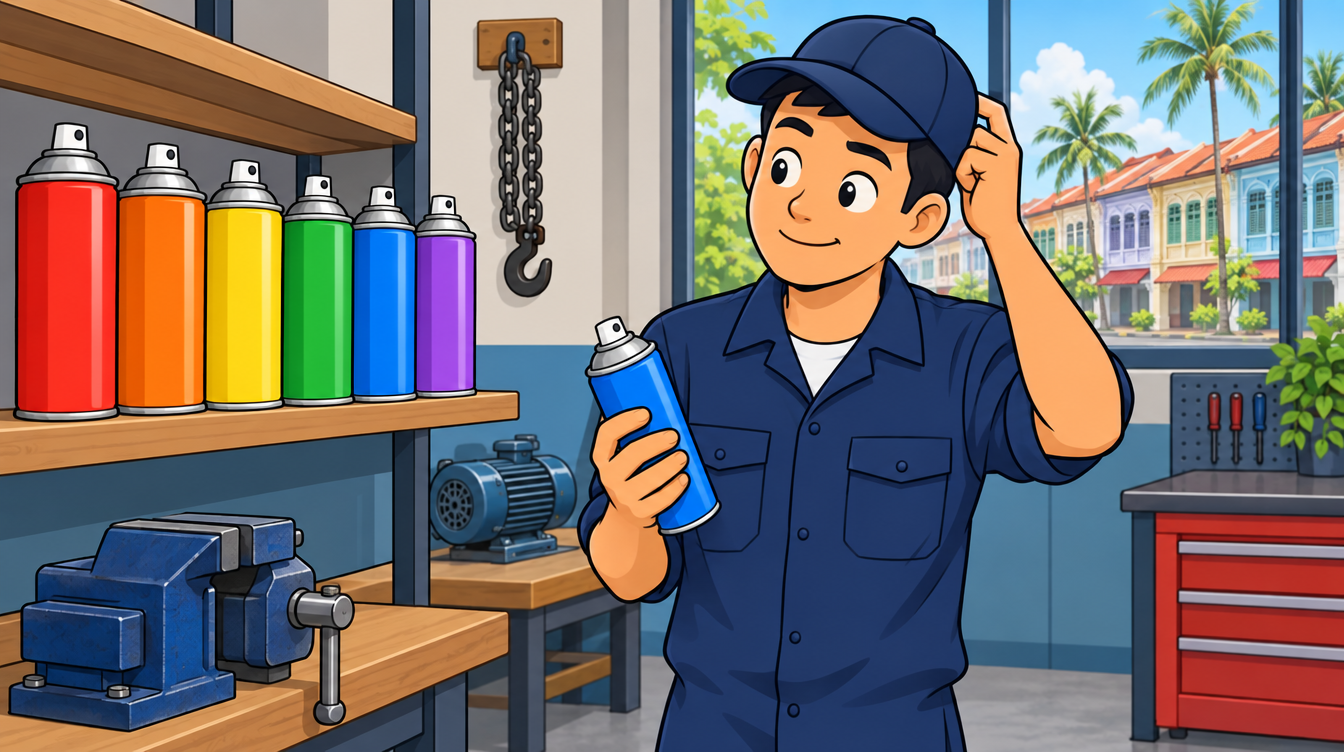 Cartoon illustration of a mechanic choosing between a row of aerosol spray cans on a Singapore workshop shelf