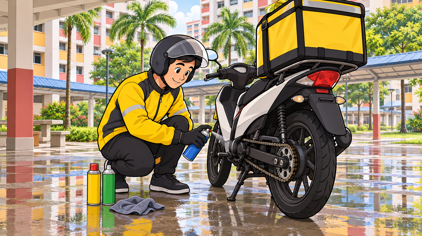 Cartoon illustration of a Singapore delivery rider lubricating his motorcycle chain at an HDB void deck after rain
