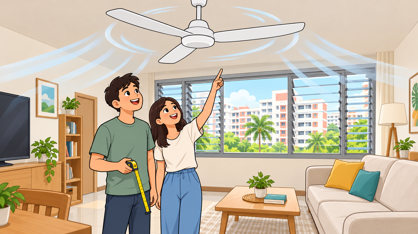 Cartoon illustration of a couple measuring up a ceiling fan in a Singapore HDB living room