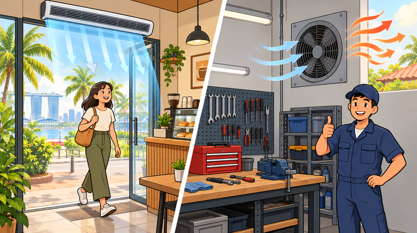 Cartoon illustration of an air curtain above a Singapore shop doorway and an industrial extraction fan in a workshop wall
