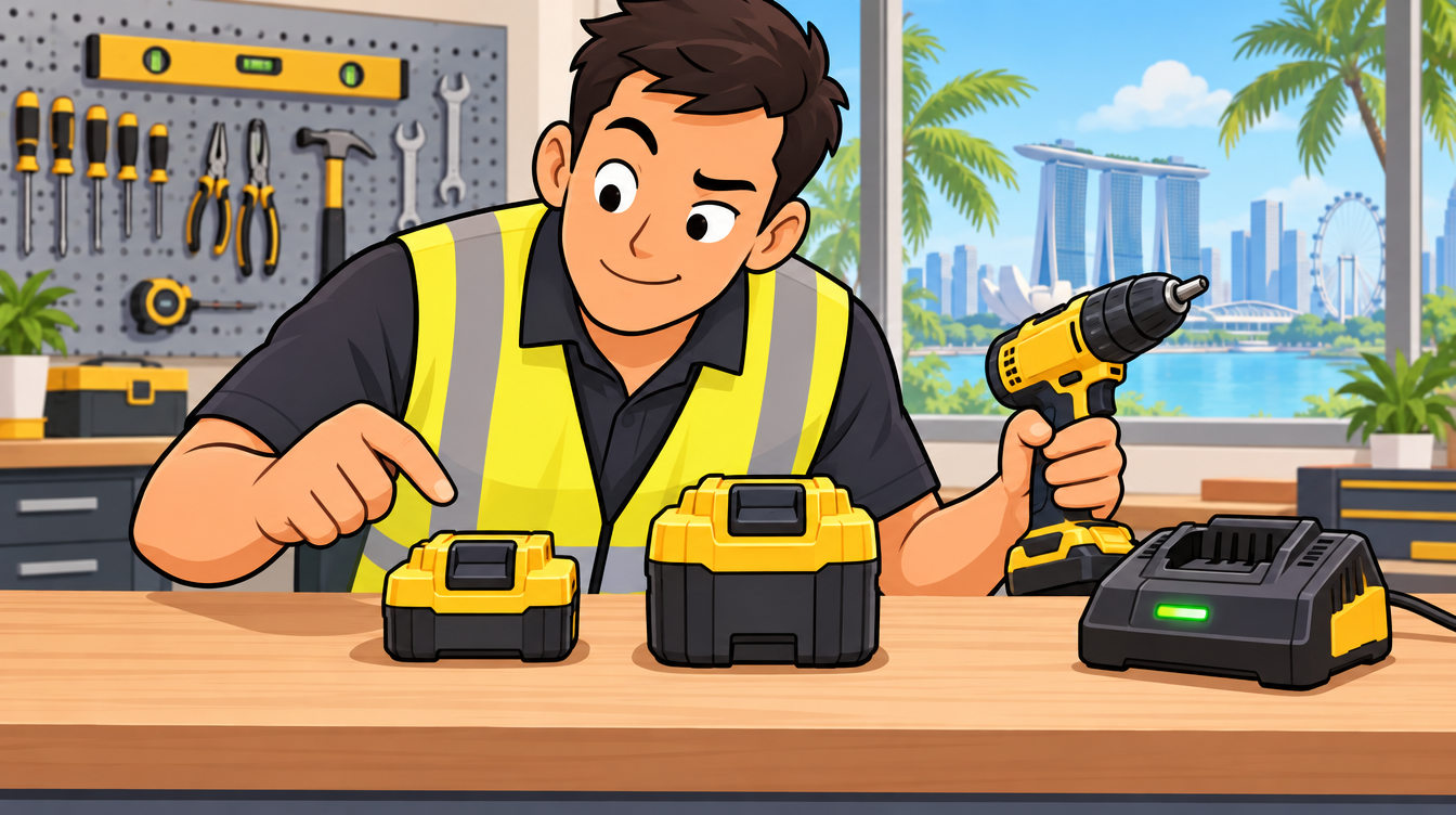Cartoon illustration of a tradesman comparing a slim and a chunky cordless tool battery pack on a workbench