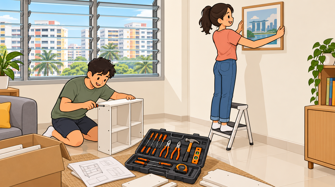 Cartoon illustration of a couple hanging a picture and assembling a shelf in an HDB flat with an open hand tool set on the floor