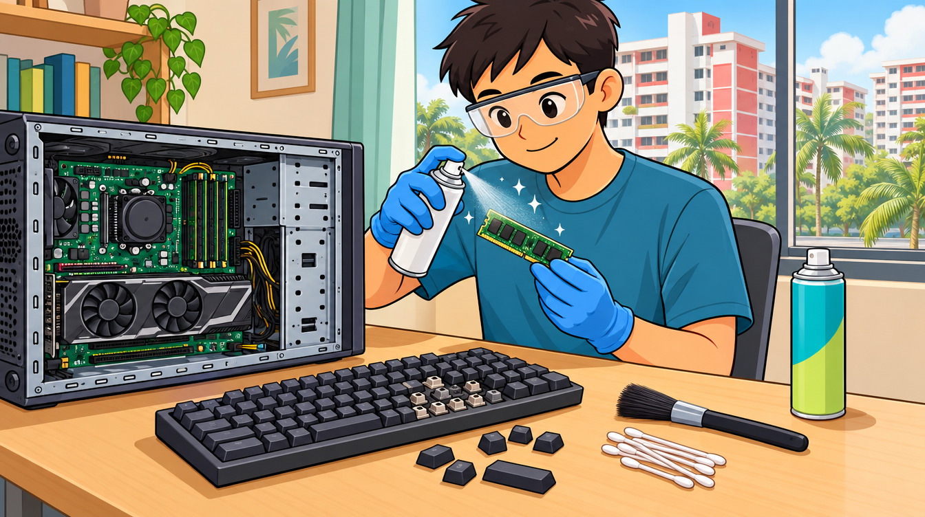 Cartoon illustration of a technician spraying contact cleaner onto a memory stick beside an open computer case and a disassembled keyboard