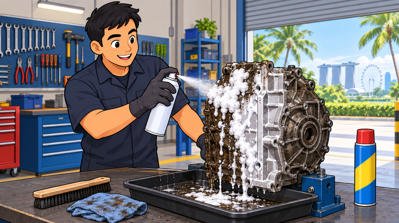 Cartoon illustration of a mechanic spraying foaming degreaser onto a greasy gearbox casing in a Singapore workshop