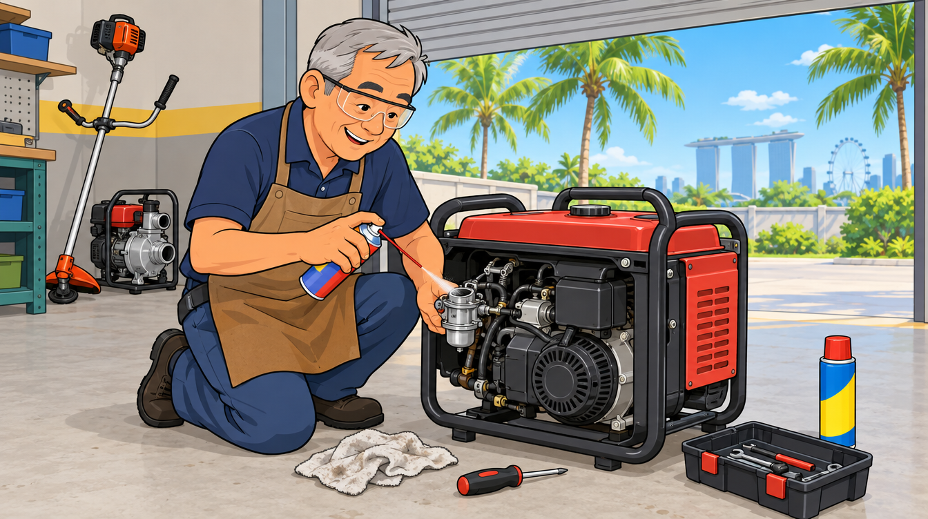 Cartoon illustration of a man servicing a small petrol generator carburettor with an aerosol cleaner in a Singapore workshop