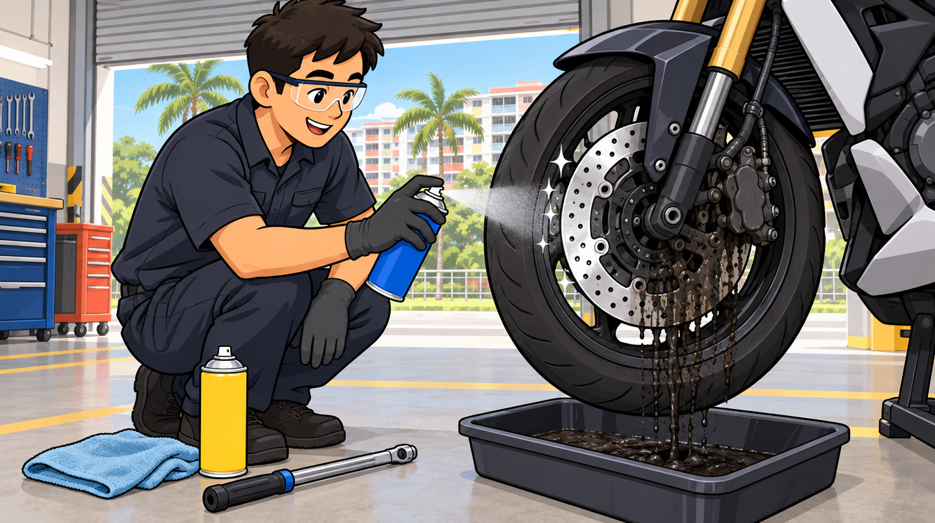 Cartoon illustration of a mechanic spraying brake cleaner onto a motorcycle brake disc and caliper in a Singapore workshop