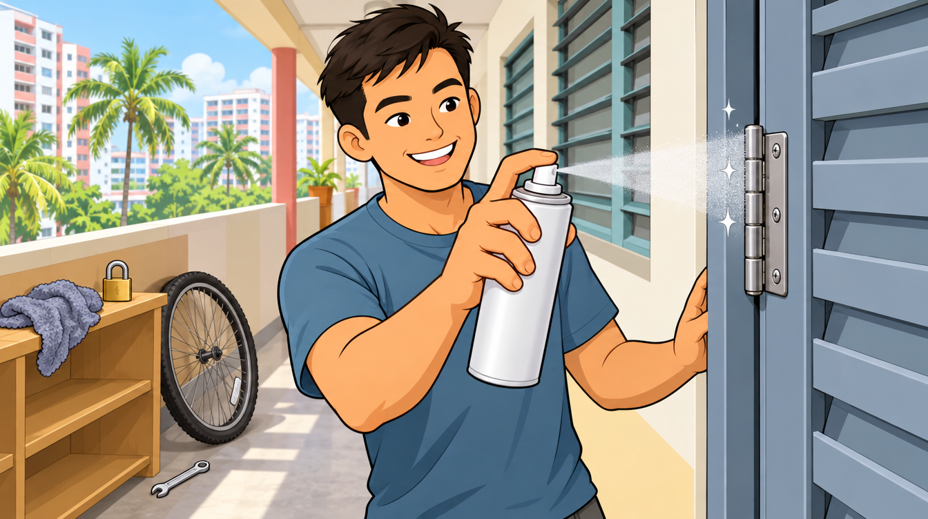 Cartoon illustration of a man holding a lubricant spray can and spraying a door hinge in an HDB corridor, with a bike wheel, padlock and tools nearby