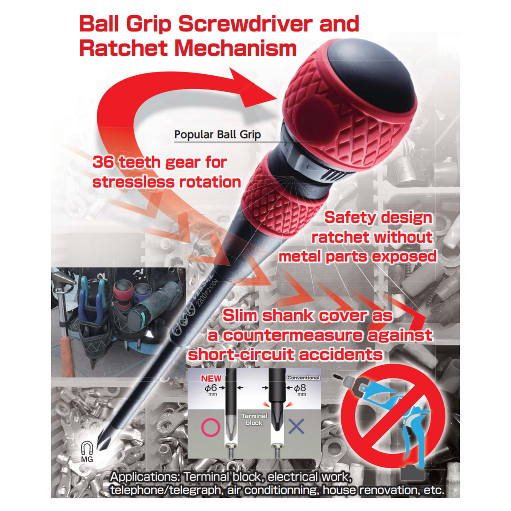 VESSEL 2200 SERIES, BALL-GRIP RATCHET SCREWDRIVER, PHILLIPS & SLOTTED
