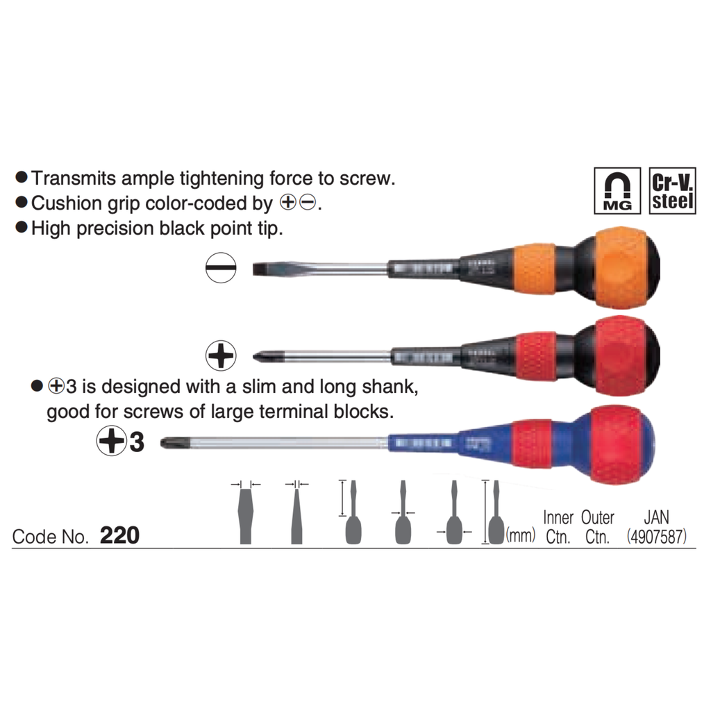 VESSEL NO.225 SERIES, BALL GRIP MAGNETIC TIP SCREWDRIVER, PHILLIPS & SLOTTED