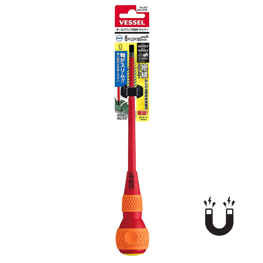 VESSEL NO.200 SERIES, VDE BALL GRIP INSULATED MAGNETIC TIP SCREWDRIVER, PHILLIPS & SLOTTED