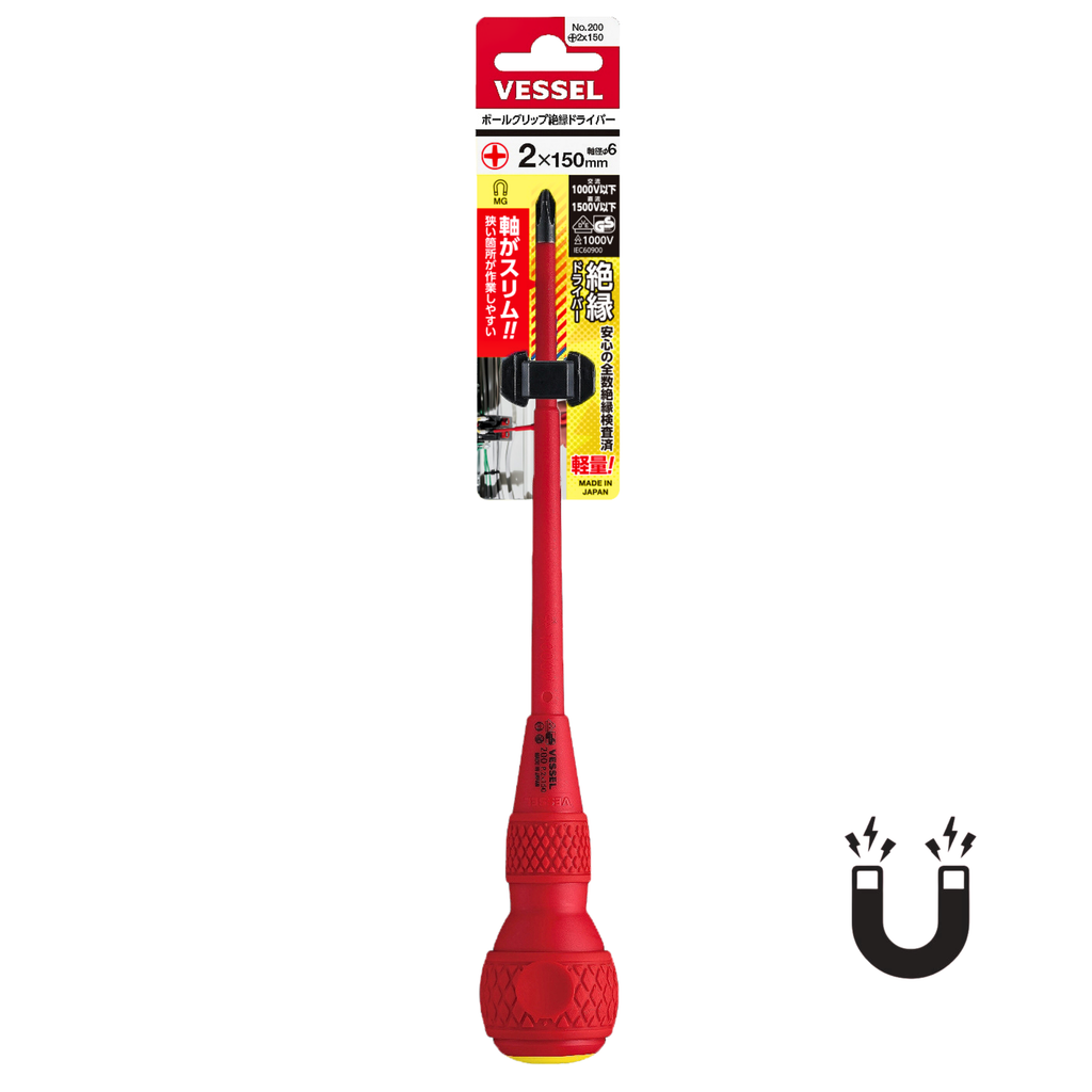 VESSEL NO.200 SERIES, VDE BALL GRIP INSULATED MAGNETIC TIP SCREWDRIVER, PHILLIPS & SLOTTED