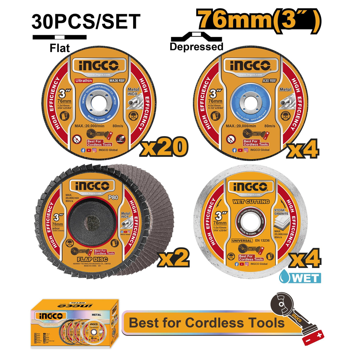 INGCO 30 PCS 76MM CUTTING & GRINDING DISC SET MCD07630 Main image