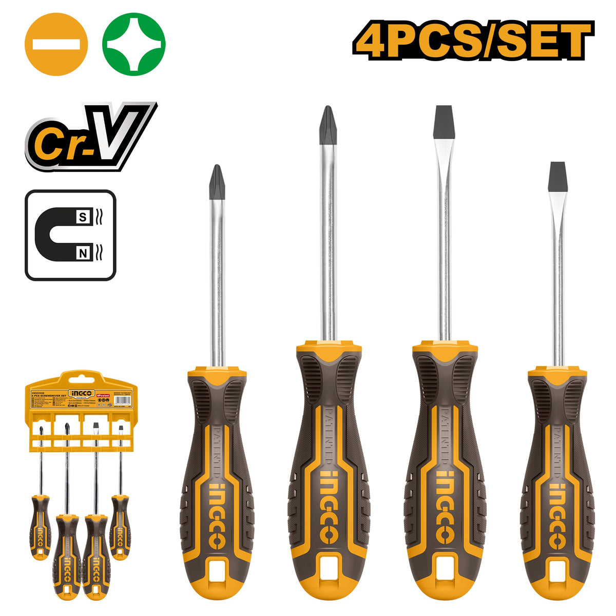 INGCO 4PCS SCREWDRIVER SET MAGNETIC TIP 2PCS (-) & 2PCS (+) HKSD0428 Main image