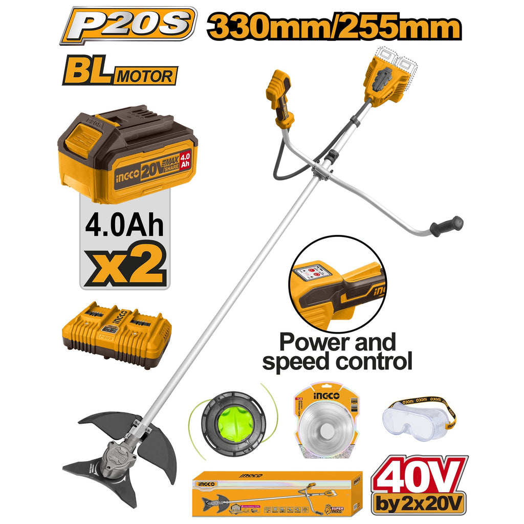 INGCO 40V(2X20V) STRING TRIMMER & BUSH CUTTER 2X4.0AH & CHARGER CSTLI202522