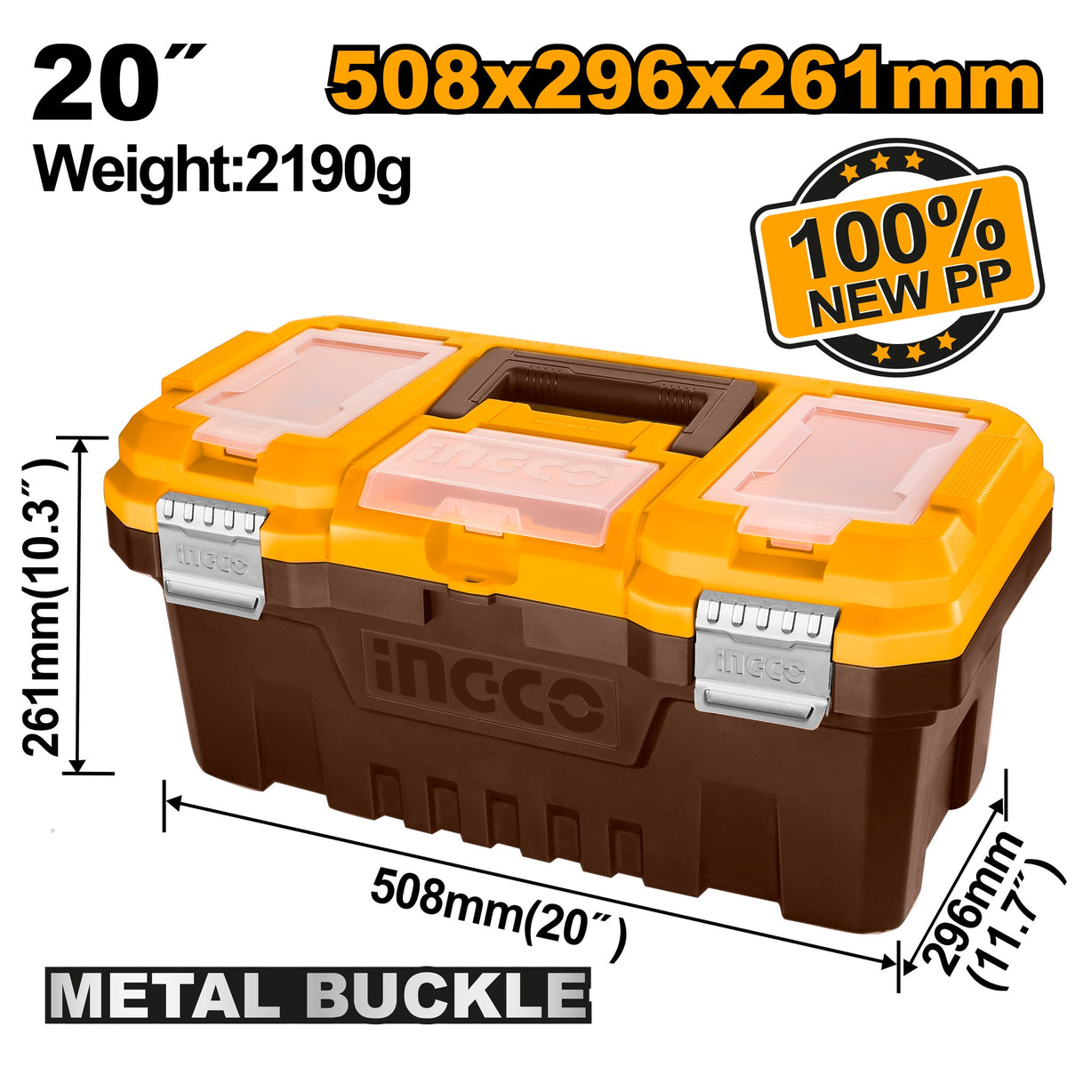 INGCO 20" PLASTIC TOOL BOX METAL LATCH W/ORGANISER 508296261MM PBX2002 Main image