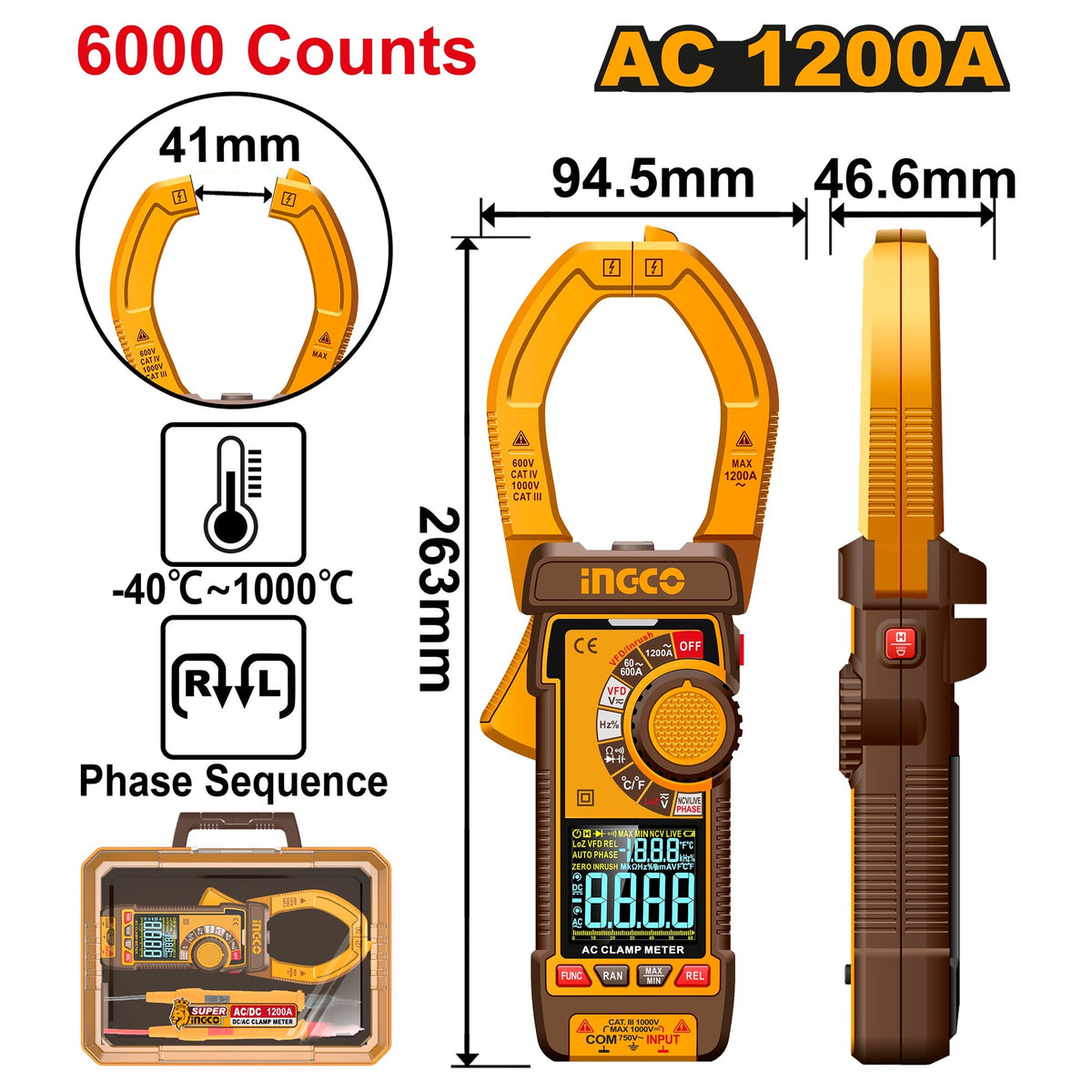 INGCO DIGITAL AC 1000A CLAMP METER DCM610001