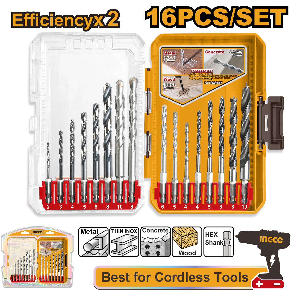 INGCO 16PCS METAL MASONRY & WOOD DRILL BIT SET AKDL11608 Main image