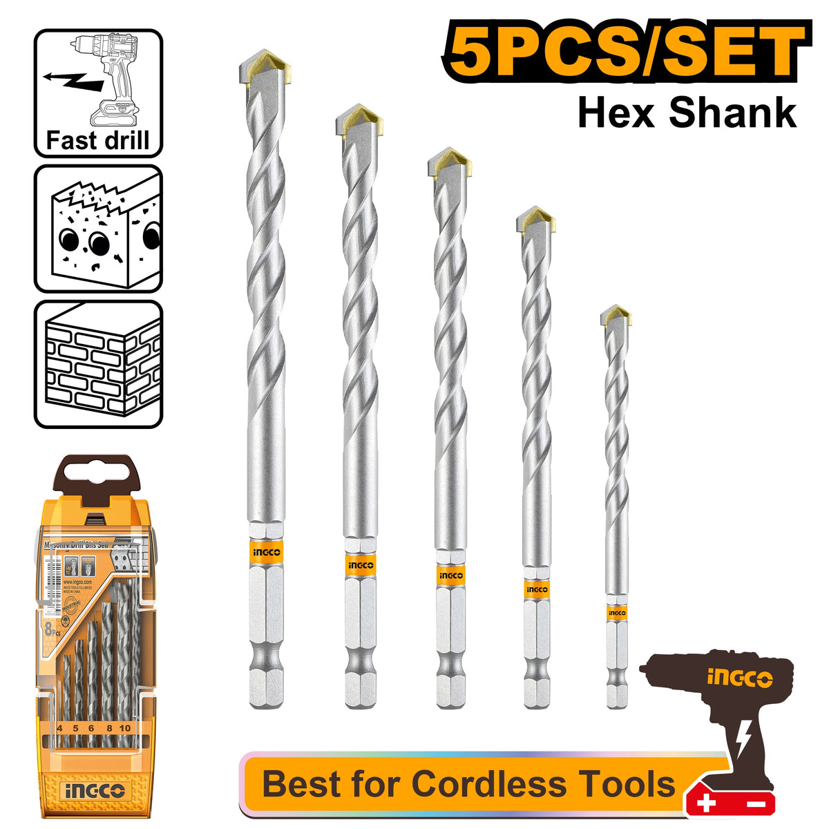 INGCO 5PCS TOP EFFICIENT MASONERY DRILL BIT SET 4,5,6,8 & 10MM AKDB6055 Main image