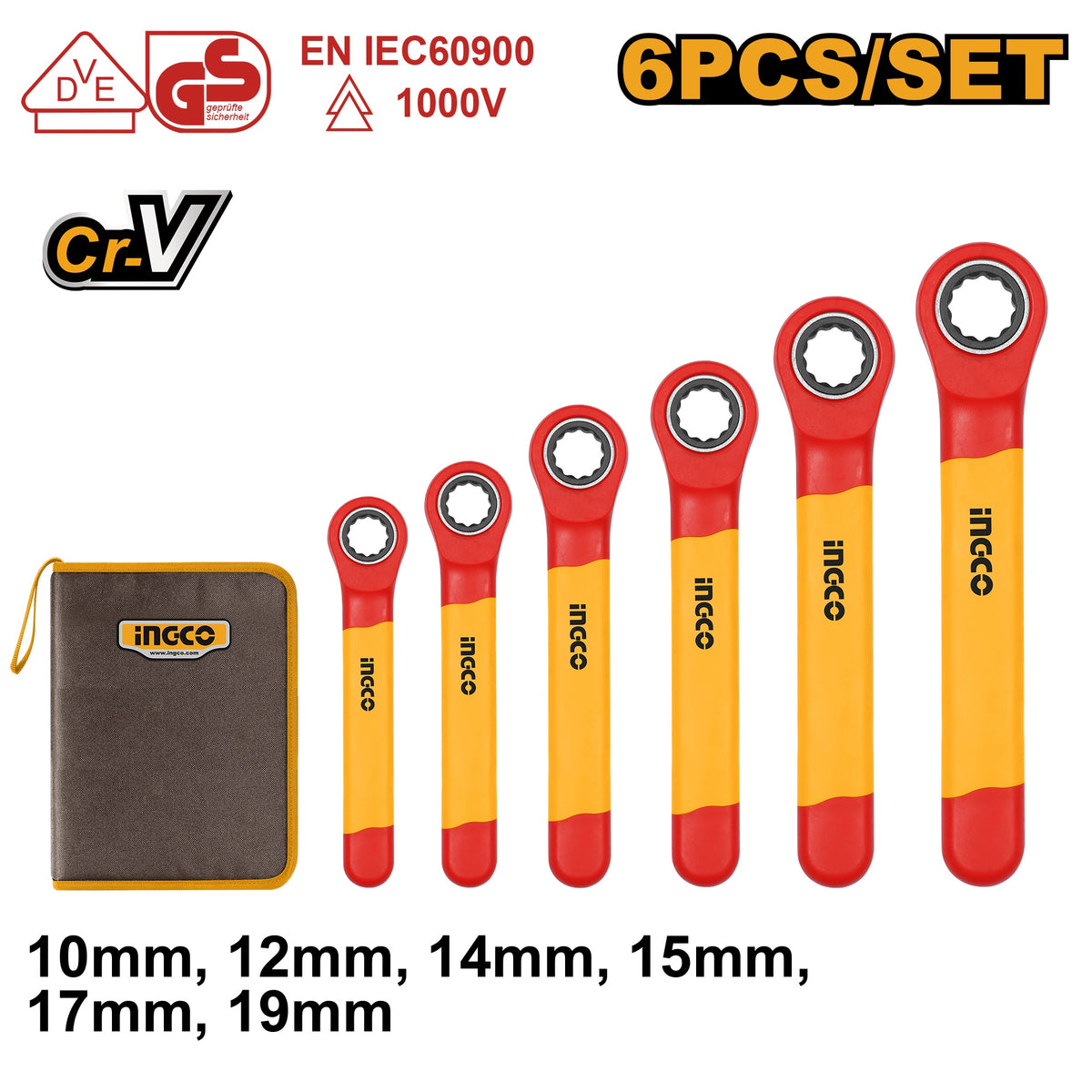 INGCO VDE 6PCS INSULATED RATCHET WRENCH SET 10-19MM HKISPA0603 Main image