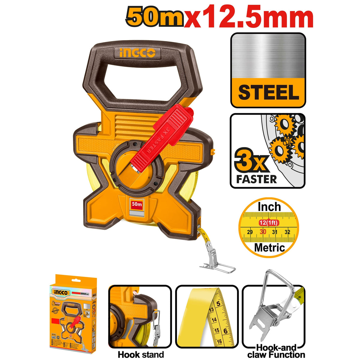 INGCO FAST REWIND STEEL MEASURING TAPE 50M/165FT HSMT0850 Main image