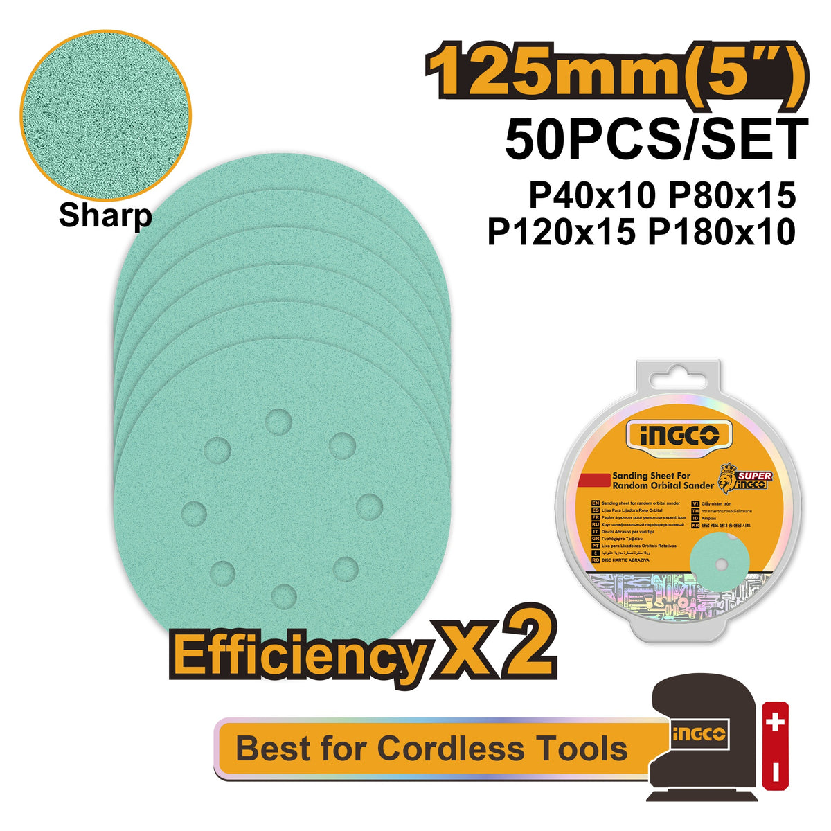 INGCO 50X 5" GREEN ORITAL SANDING DISC 10XP40&P180,15XP80&P120 AKRS125050 Main image