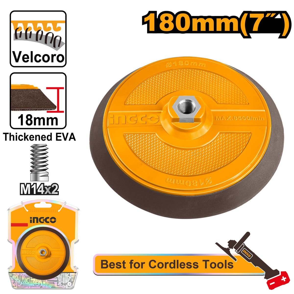 INGCO PP POLISHING PAD 180MM WITH FLANGE M14X2.0 VELCRO BACKING APP18051 Main image