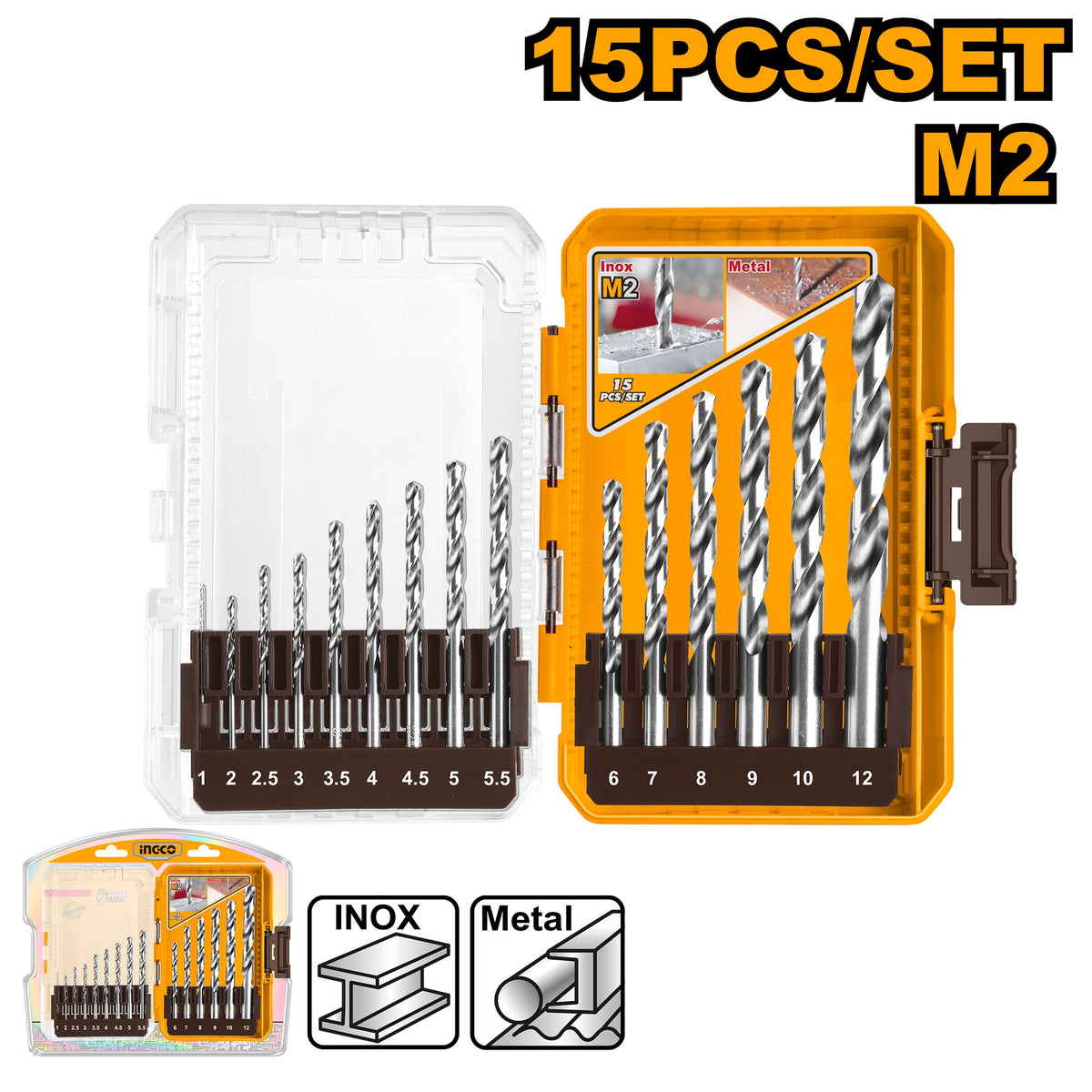 INGCO 15PCS M2 HSS DRILL BIT SET 1~12MM 135° AKDL51508