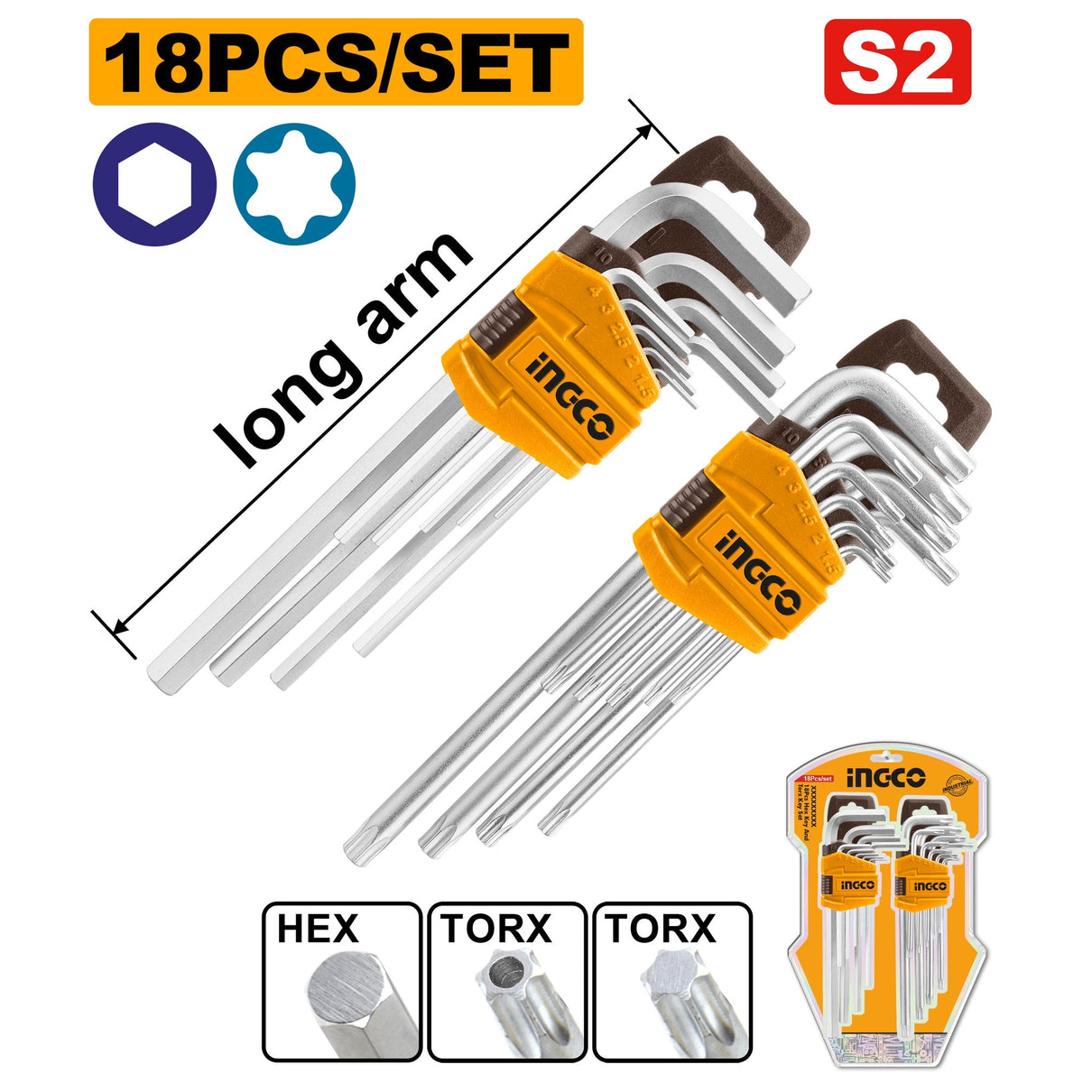 INGCO 18PCS LONG ARM HEX KEY(1.5-10MM) & TORX KEY(T10-T50) SET HHKSET0182