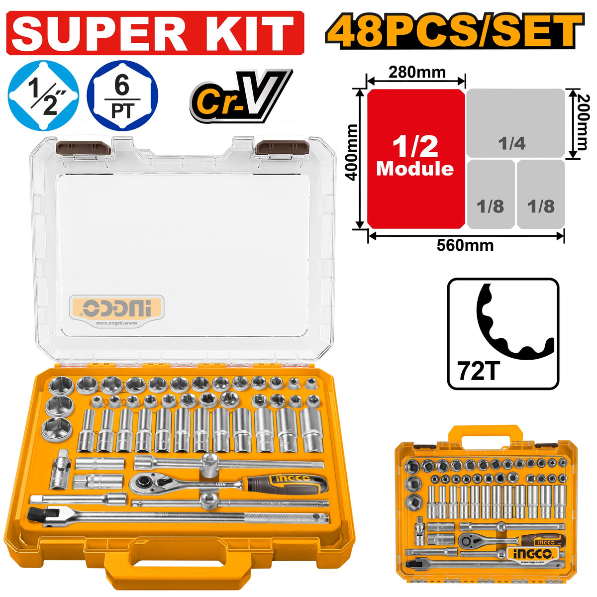 INGCO 48PCS 1/2DR SOCKET SET 10-32MM HKTS12486 SUPER KIT Main image