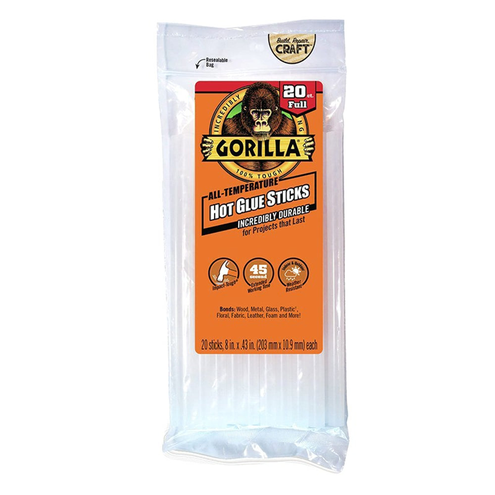 Gorilla Full Size Hot Glue Sticks, 8" x 0.43", 20 Pieces