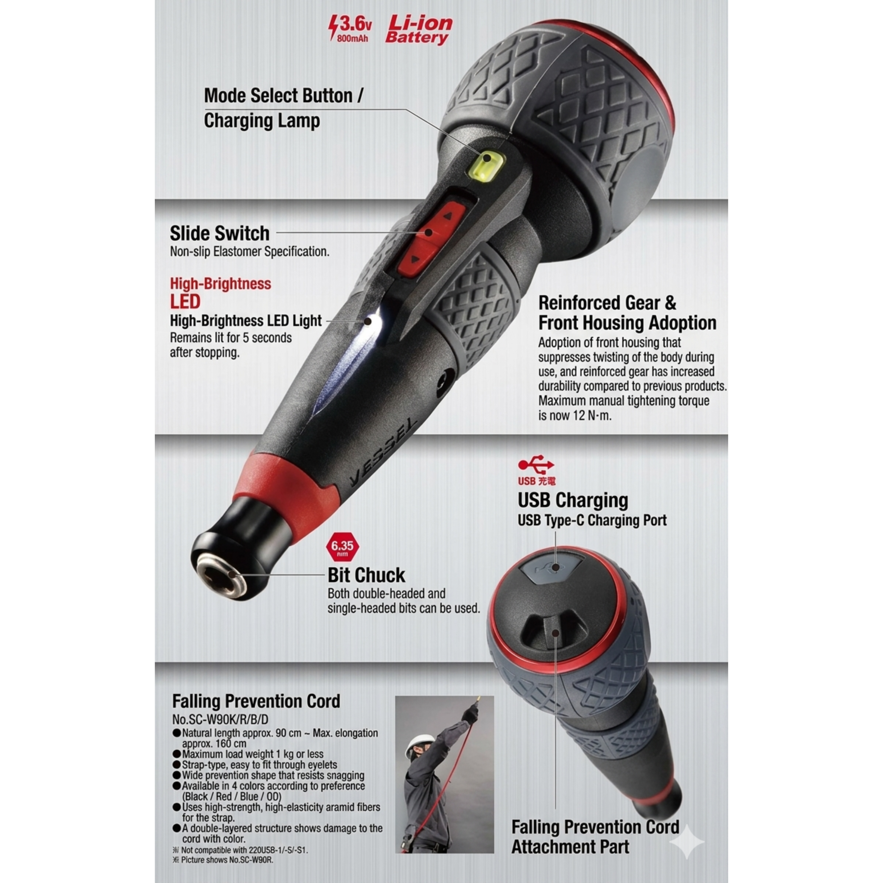 VESSEL 220USB-P1, RECHARGEABLE BALL-GRIP SCREWDRIVER (TYPE C)