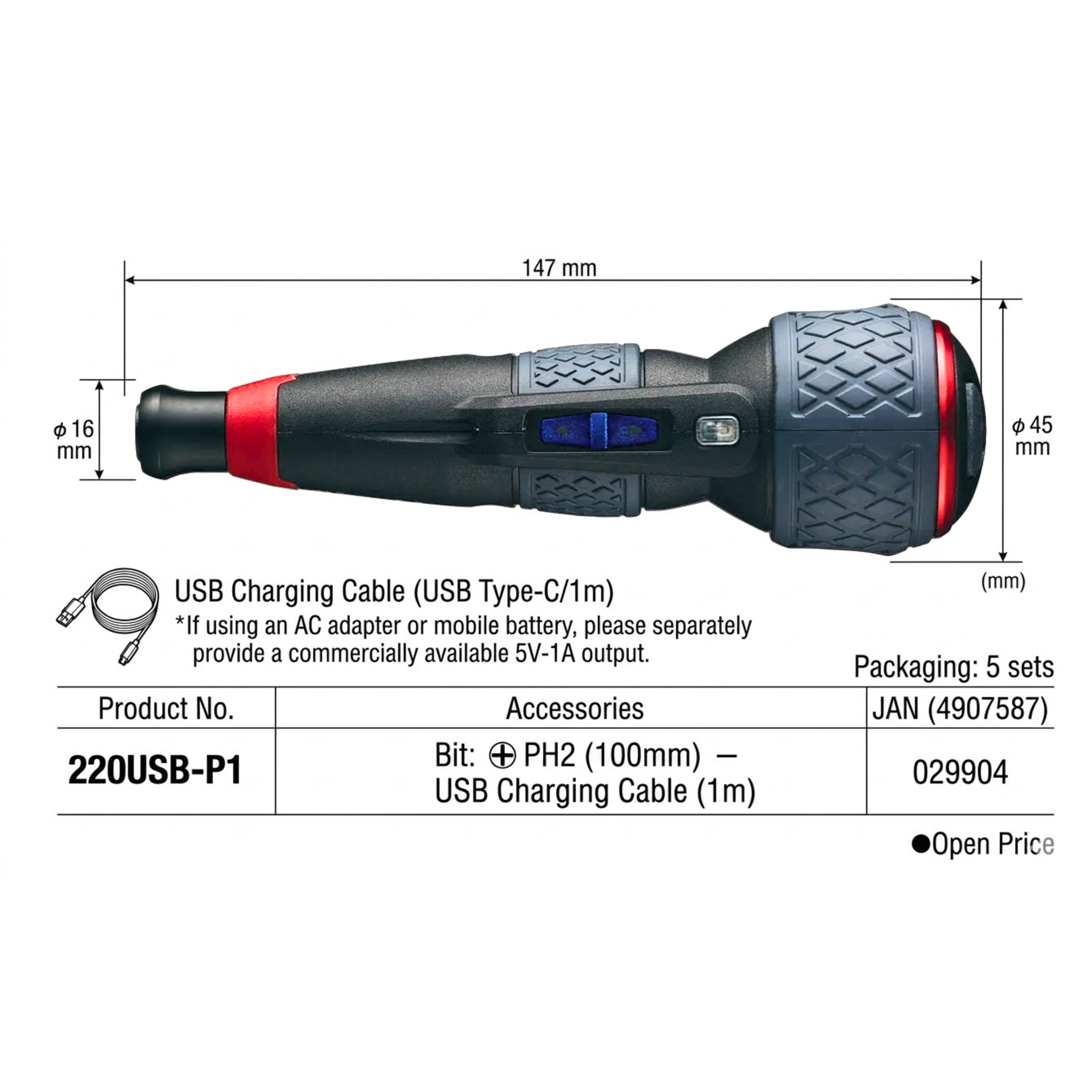 VESSEL 220USB-P1, RECHARGEABLE BALL-GRIP SCREWDRIVER (TYPE C)